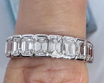 Emerald Cut Band, Bezel Emerald Wedding Band, Diamond Anniversary Band, 18K White Gold Natural Diamond Wedding Band