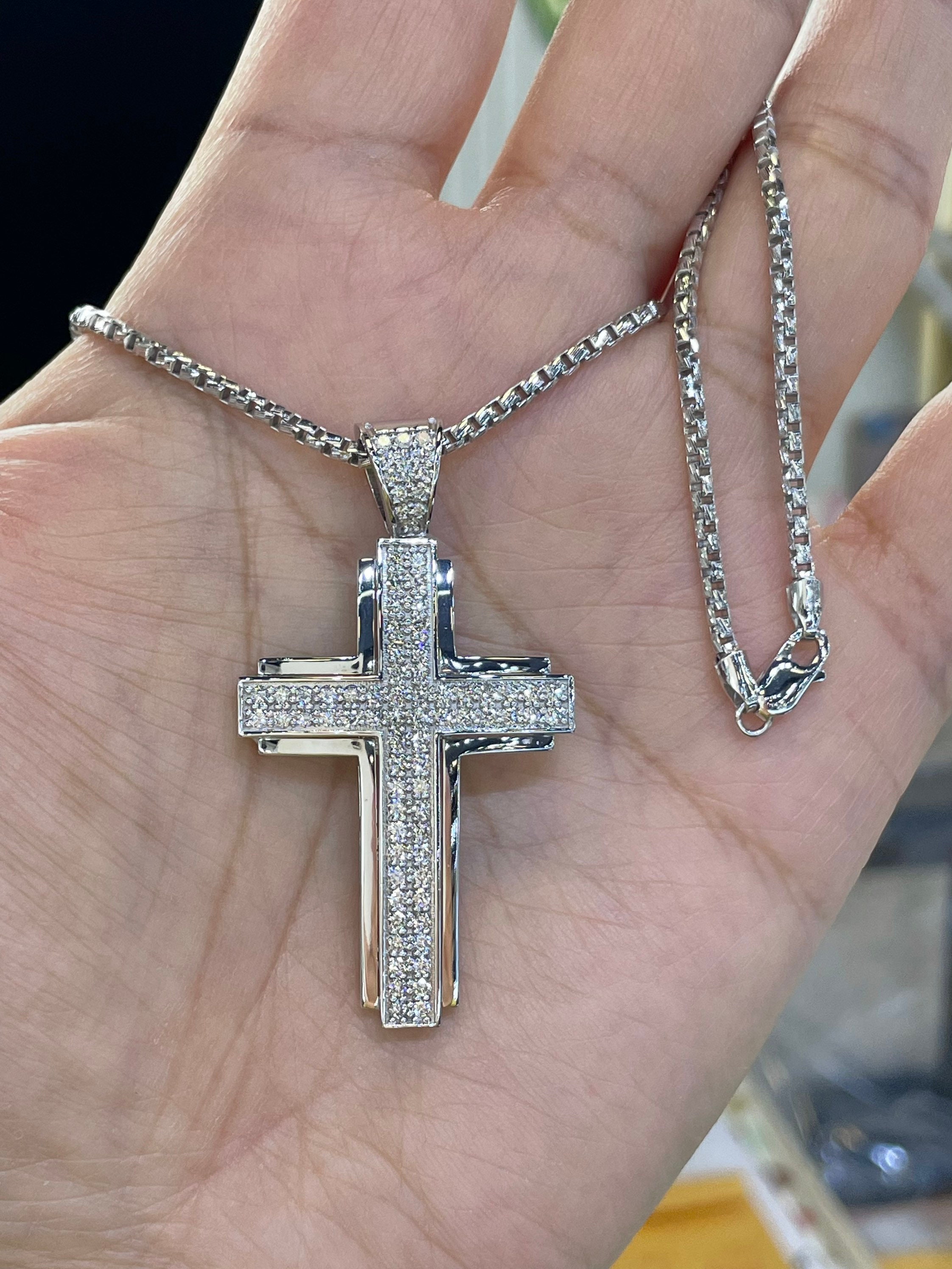 Mens silver diamond cross necklace deals