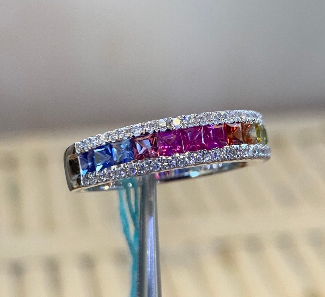 Rainbow Sapphire and Diamond Ring 18K White Gold, Rainbow Band ...