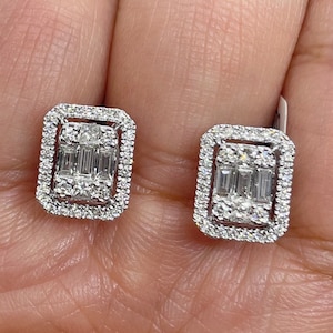 Emerald Cut Halo Earrings, Emerald Cut Earrings, Emerald Cut Studs, Baguette Earrings, Emerald Cut Diamond Earrings 14K White Gold