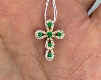 Genuine Emerald and Diamond Cross Pendant, Dainty Emerald Cross Necklace, 18K Yellow Gold Cross Emerald