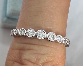 Round Diamond Band, Bezel Diamond Band, 18K White Gold Diamond Wedding Band, 11 Diamond Band