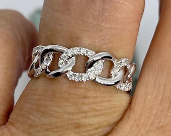 18K White Gold Diamond Link Ring, 0.24 Carat Diamond Chain Ring, 6mm Wide Diamond Band