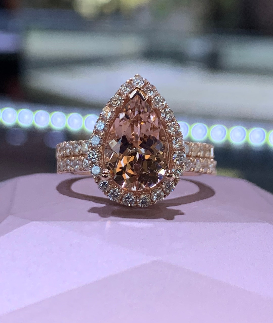 Pear Morganite Ring Set, 14K Rose Gold, Lab Diamond Halo - Etsy