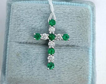 Genuine Emerald and Diamond Cross Pendant, Emerald Cross Necklace, 18K White Gold Cross Emerald Fine Quality