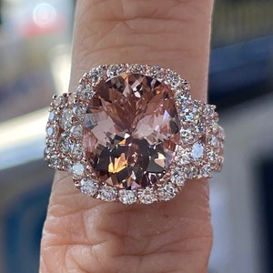 Cushion Halo Morganite Engagement Ring Wedding Ring Anniversary Ring, Morganite and Diamond Ring 14K Gold