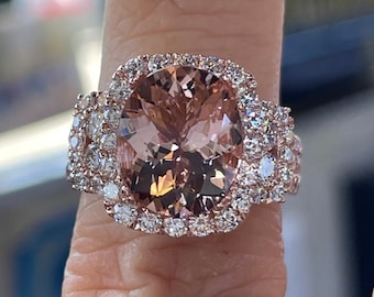 Cushion Halo Morganite Diamond Ring, 14K Gold Engagement, Anniversary Ring