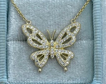 Butterfly Diamond Necklace.  Diamond encrusted Butterfly, Diamond Butterfly Pendant 18K Yellow Gold with Adjustable Chain
