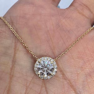 Solitaire Halo Necklace, Lab Grown Diamond Solitaire Pendant, 18K Yellow Gold Round Diamond Necklace, Diamond Solitaire Necklace