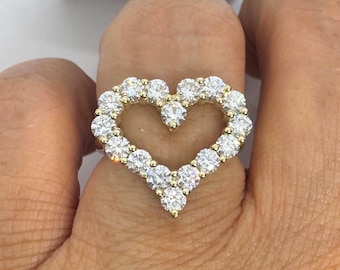 Diamond Heart Ring, Heart Shaped Ring, Heart Diamond Anniversary Ring Statement Ring 14K Yellow Gold