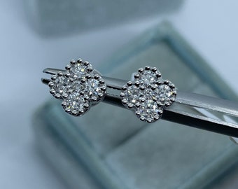 18K Gold Flower Diamond Stud Earrings, Art Deco Style Diamond Earrings