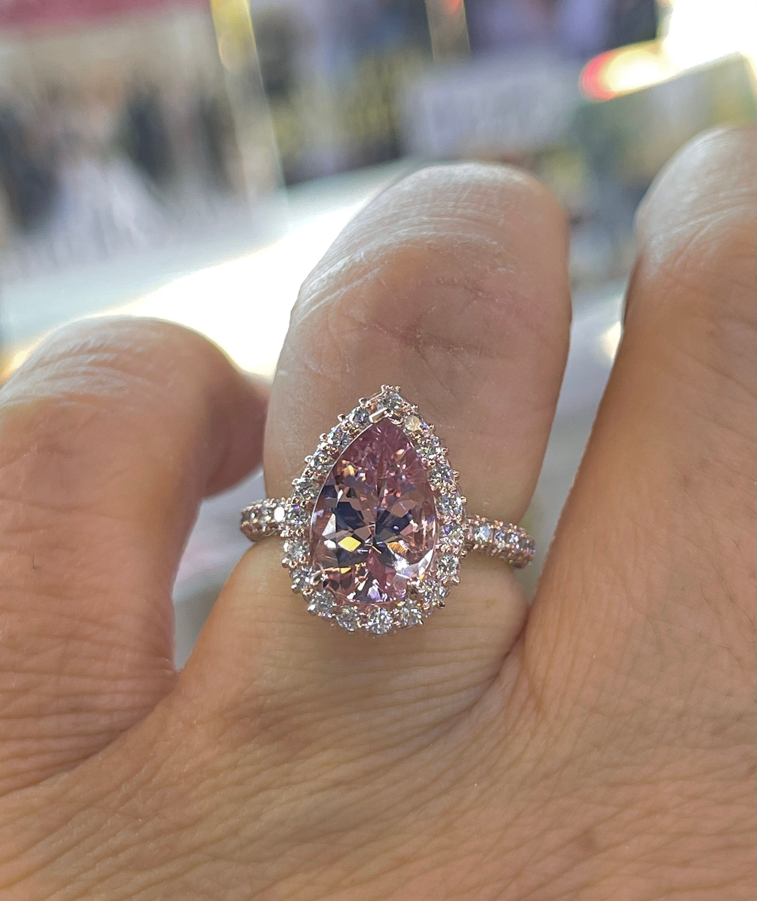 Pear Morganite Diamond Halo Ring, 14K Rose Gold Engagement Ring - Etsy