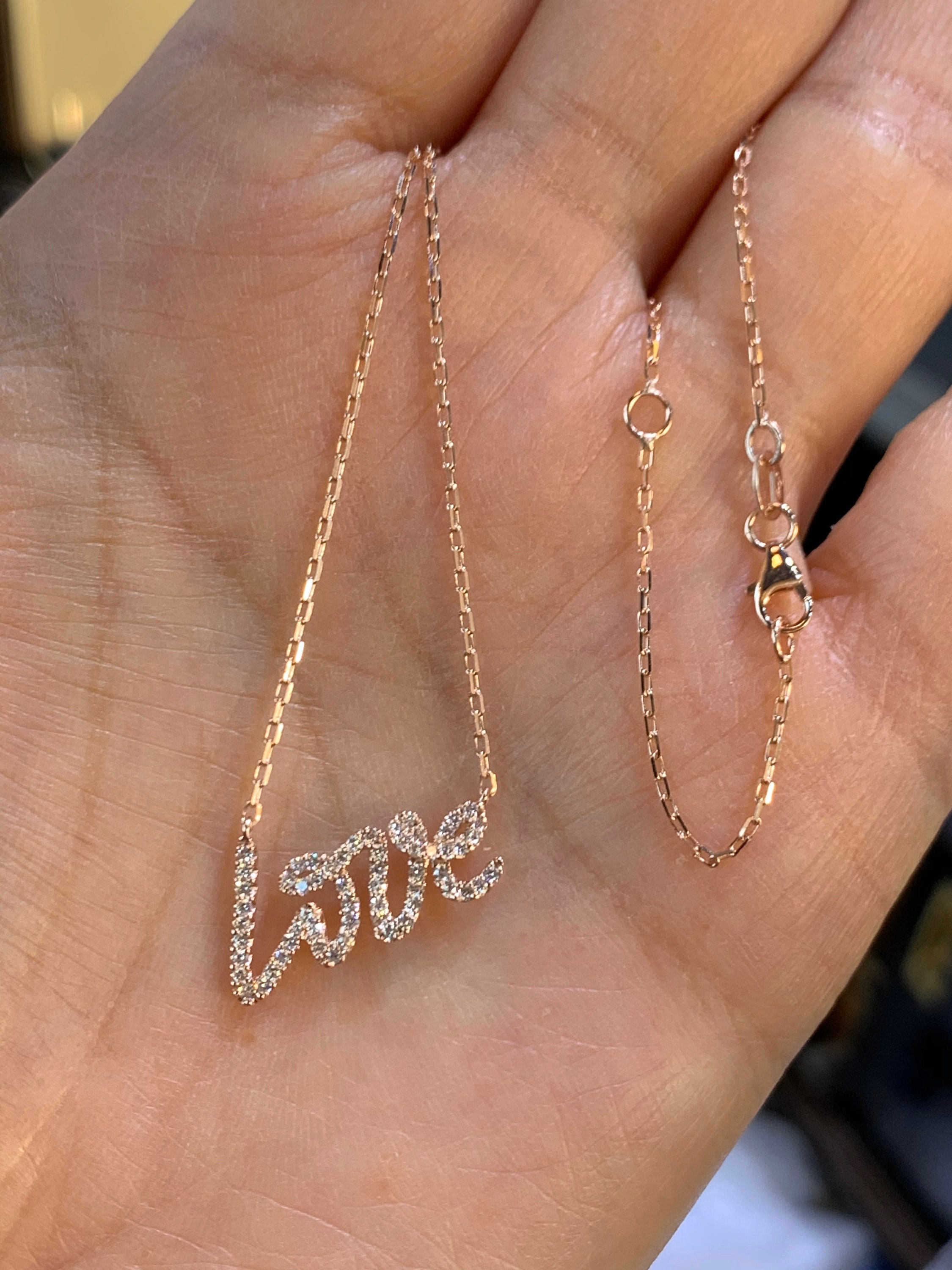 Diamond Love Necklace, 14K Yellow Gold Diamond Pave Love Pendant, Diamond  Love Necklace - Etsy