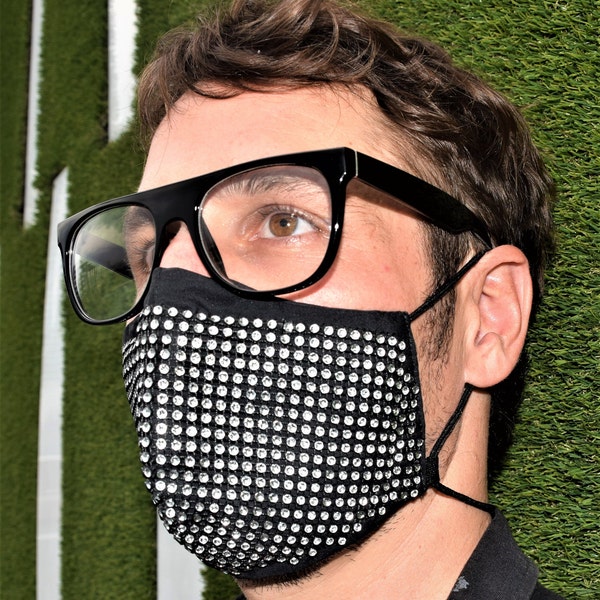 Men's Face Mask - Face Mask Man - Washable Cotton Face Mask with Filter Pocket & Nose Wire - Neckholder - Sparkly Facemask - Rhinestone Mask