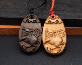 Pig pendant necklace,wood pendant,carve jewelry,zodiac necklace,year of pig,engraved necklace,pendant necklace,animal Necklace