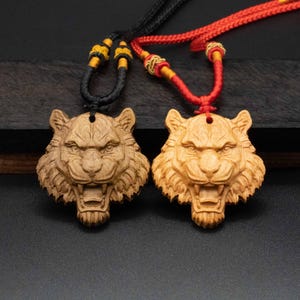 tiger head necklace,wood pendant,engraved necklace,mens necklace,animal necklace,cherry wood tiger necklace