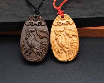 Rooster pendant,zodiac necklace,year of rooster,wood carving,animal Necklace,carve pendant,carve wood,engraved necklace,
