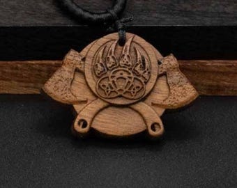 Viking Bear Paw Pendant Necklace, Walnut or Cherry Wood Amulet, Norse Rune & Ax Talisman, Nordic Wooden Jewelry Gift for Men