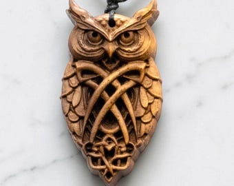 Owl Necklace Walnut Wood, Carved Owl Pendant, Viking Celtic Knot Jewelry, Spiritual Gift for Men Women, Nature Power Talisman