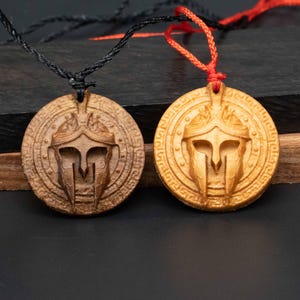 Spartacus Gladiator Helmet Pendant Necklace ,Black Walnut ,Cherry Wood Carving, Unique Roman Gladiator Gift for Boys