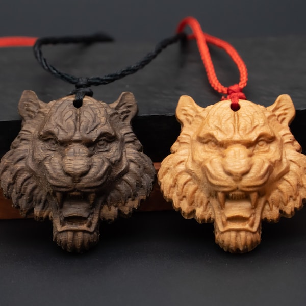 collier tête de tigre, pendentif en bois, collier gravé, collier pour hommes, collier animal, collier tigre en bois de cerisier