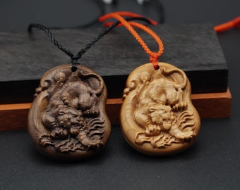 wood pendant,Tiger pendant,engraved necklace,carve wood Tiger necklace,gift for him,Animal Necklace,Exotic Wood Necklace