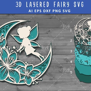 May include: A five-layered layered papercraft design of a fairy sitting on a crescent moon with floral details. The design is in shades of teal and white.