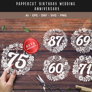 Birthday Wedding Anniversary Papercut Template Floral Wreath