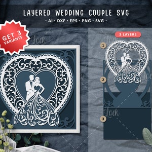 Pareja de bodas en capas Svg, Mujer con vestido svg, Invitación de boda Craft