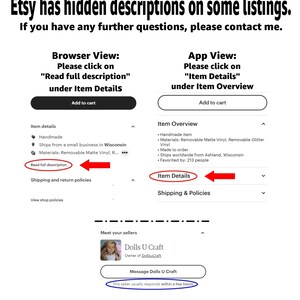 May include: Screenshot of an Etsy listing showing how to find the full description of a product on a computer or mobile device. The listing is for a handmade item made to order, with removable matte vinyl and glitter vinyl. The seller is located in Wisconsin and ships worldwide. The listing has been favorited by 213 people.