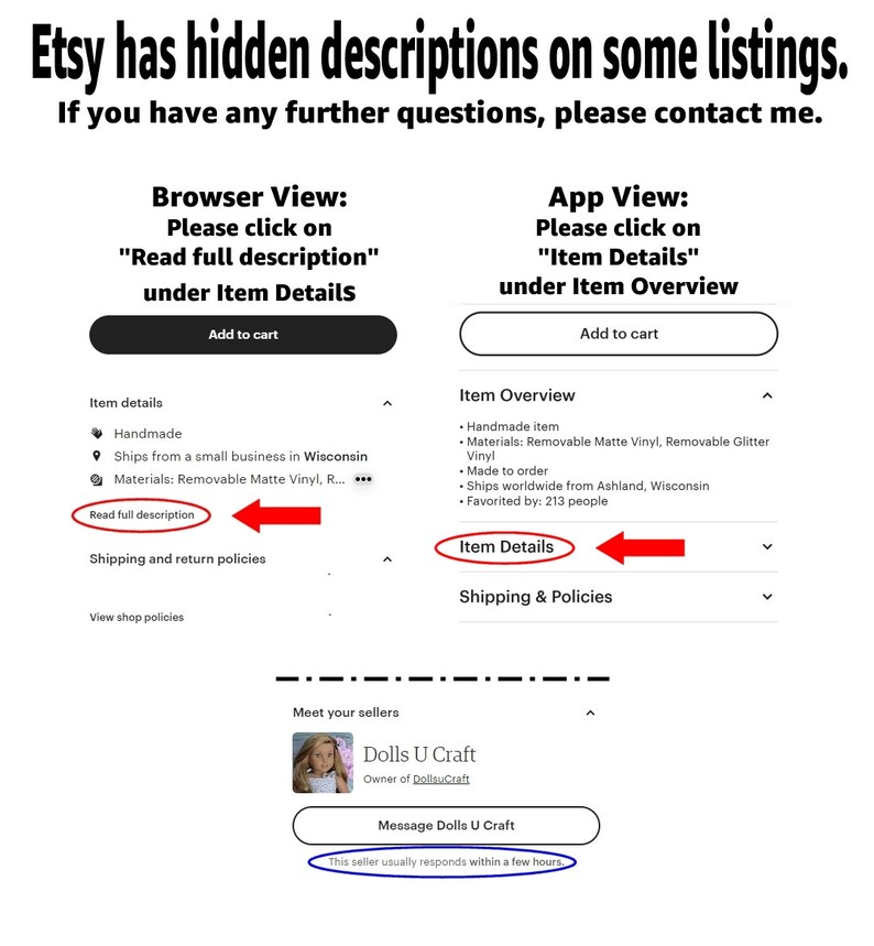 May include: Screenshot of an Etsy listing showing how to find the full description of a product on a computer or mobile device. The listing is for a handmade item made to order, with removable matte vinyl and glitter vinyl. The seller is located in Wisconsin and ships worldwide. The listing has been favorited by 213 people.
