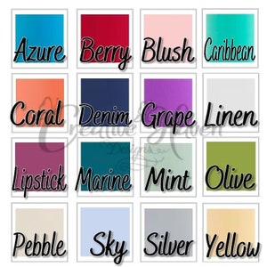Puede incluir: Una carta de colores con 16 muestras de colores diferentes. Los colores son: Azul celeste, Frambuesa, Rubor, Caribe, Coral, Vaquero, Uva, Lino, Labial, Marino, Menta, Oliva, Canica, Cielo, Plata y Amarillo.