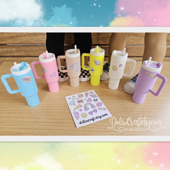 Tumbler + Stickers 18 inch Doll sized Water bottle Accessories fits  American Girl 1:3 Modern Cup Hydro Flask Stanley Owala Yeti party favors