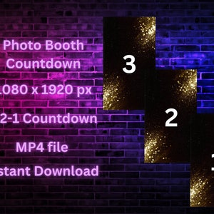 Könnte beinhalten: Eine 3-2-1 Countdown-Animation für Fotoboxen. Die Animation zeigt einen schwarzen Hintergrund mit goldenem Glitzer und weißen Zahlen. Die Animation ist 1080 x 1920 Pixel groß und als MP4-Datei verfügbar.