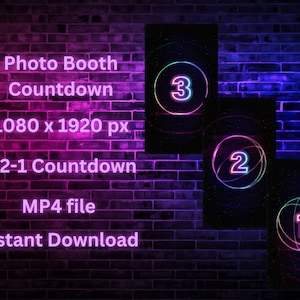 May include: A neon pink and blue 3-2-1 countdown animation for a photo booth. The animation is 1080 x 1920 pixels and is available as an MP4 file for instant download.