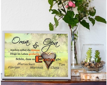 Oma Opa Geschenk | Personalisiertes Poster mit Namen der Enkelkinder | wahlweise mit Rahmen | Motiv Herz