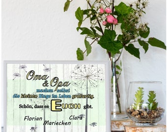 Oma Opa Geschenk | Personalisiertes Poster mit Namen der Enkelkinder | wahlweise mit Rahmen | Motiv Pusteblume