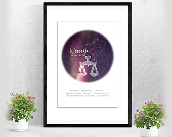 Sternzeichenposter Waage | Sternbild | Geschenk Taufe Geburt | für sie und ihn | Astrologie | Horoskop | versch. Farben A-239