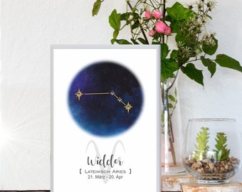 Sternzeichenposter Widder mit Rahmen | Sternbild mit Strasssteinen Din A5 | Geschenk Taufe Geburt | für sie / ihn | Astrologie  Horoskop