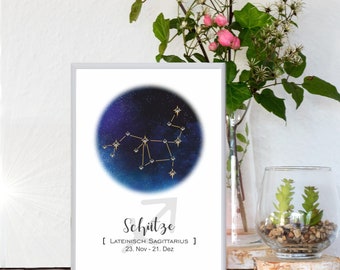 Sternzeichenposter Schütze mit Rahmen | Sternbild mit Strasssteinen Din A5 | Geschenk Taufe Geburt | für sie / ihn | Astrologie | Horoskop