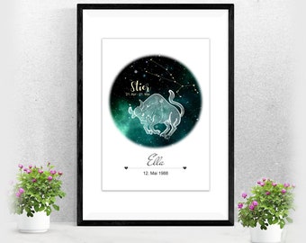 Sternzeichenposter Stier | mit Namen | Geschenk Taufe Geburt | für sie und ihn | Astrologie | Horoskop | versch. Farben A-238-p-