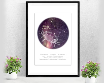 Zodiac Poster Cancer | Constellation | Gift Baptism Birth | | for her and him Astrology | Horoscope | Miscellaneous. Colors A-230