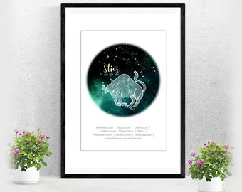 Zodiac Poster Taurus | Constellation | Gift Baptism Birth | | for her and him Astrology | Horoscope | Miscellaneous. Colors A-238