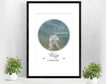 Zodiac Poster Aquarius | by name | Gift Baptism Birth | | for her and him Astrology | Horoscope | Miscellaneous. Colors A-232-p-