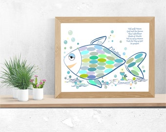 Guest Book Poster Customizable | guest poster names | Mural Fish | Baptism | communion | Confirmation | girl boy | blue A-420