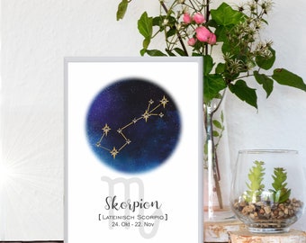 Sternzeichenposter Skorpion mit Rahmen | Sternbild mit Strasssteinen Din A5 | Geschenk Taufe Geburt | für sie / ihn | Astrologie | Horoskop