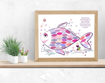 Gästebuch Poster Personalisierbar | Gästeposter Namen | Wandbild Fisch | Taufe | Kommunion | Konfirmation | Poster Fisch pink A-421