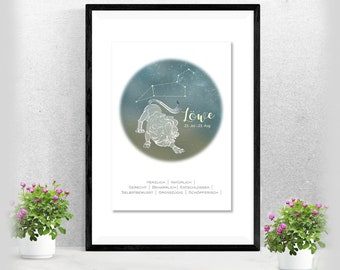 Zodiac sign poster Leo | Constellation | Gift Baptism Birth | | for her and him Astrology | Horoscope | Miscellaneous. Colors A-236