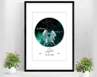 Zodiac Poster Gemini | by name | Gift Baptism Birth | | for her and him Astrology | Horoscope | Miscellaneous. Colors A-240-p-