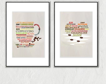 Poster set coffee | Wall Decoration Dining Room Kitchen Lounge | Gift for coffee lovers | 2 murals | Typography | A-390-391